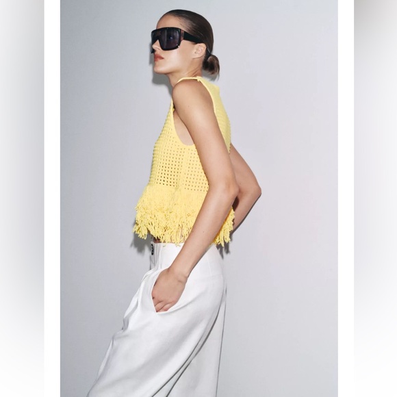 ZARA FRINGED CHECKERED KNIT TOP - Picture 2 of 6